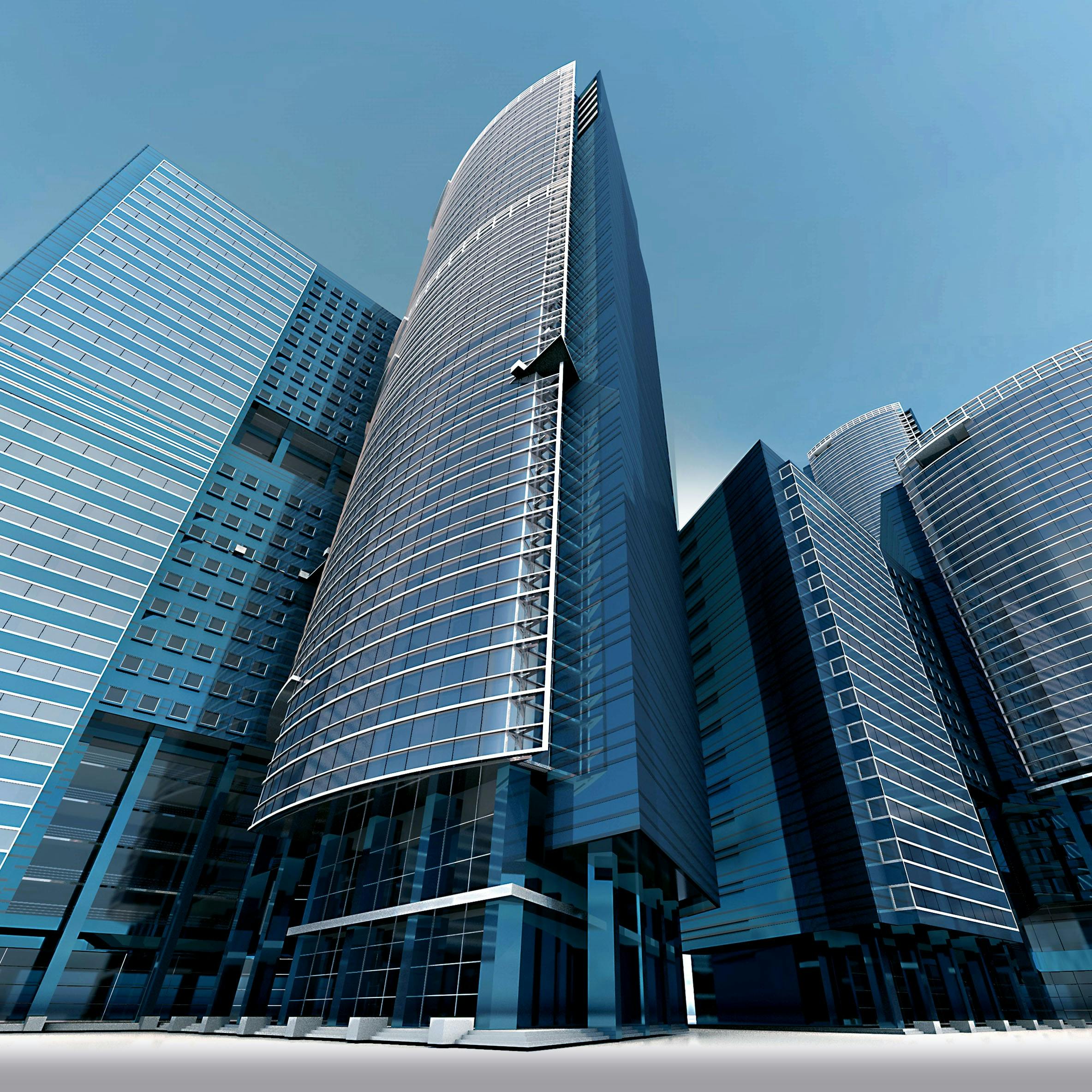Futuristic urban skyscrapers with glass facades reflecting a vibrant blue sky.